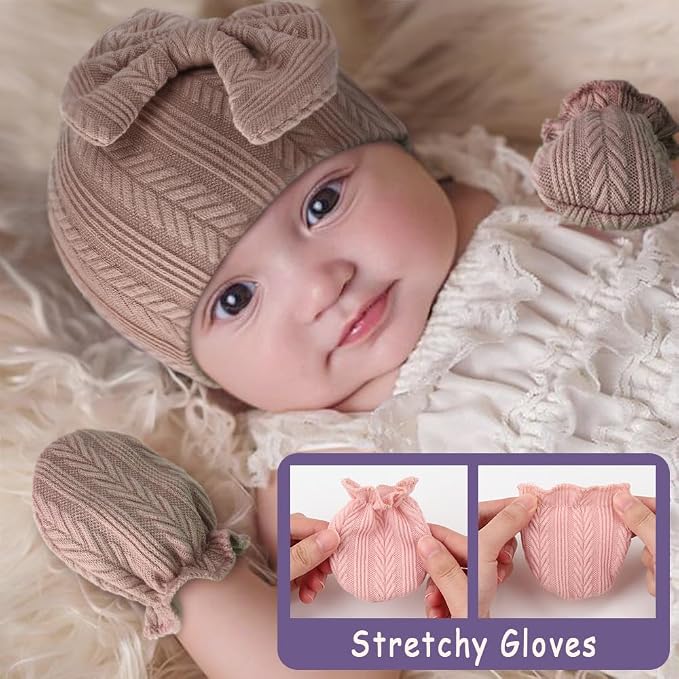 BQUBO Newborn Baby Hats Mittens Set Hospital Hat Beanie Infant Bow Hats Baby - Image 3