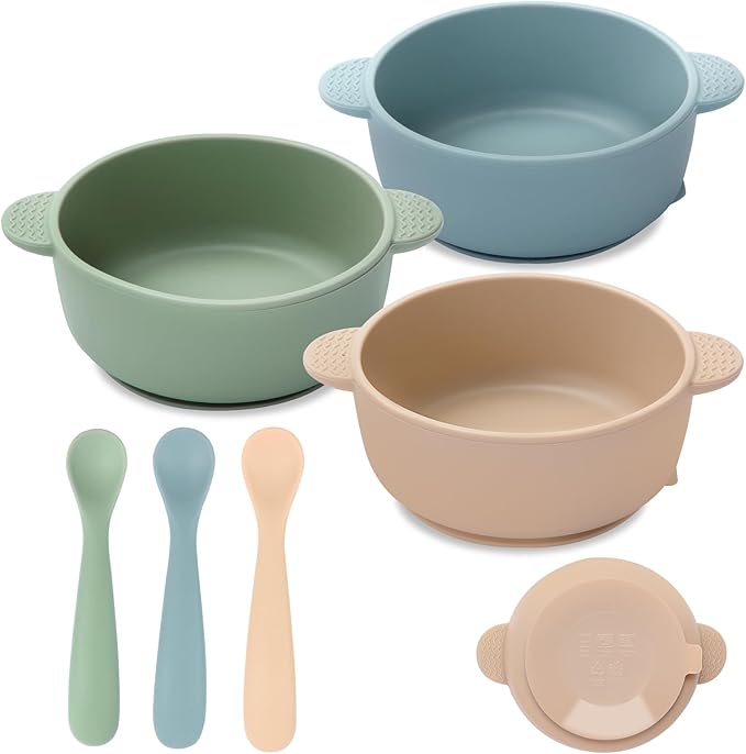 Baby Bowls with Suction and Baby Spoons Set of 3, Silicone Stay Put Bowls and by Eascrozn