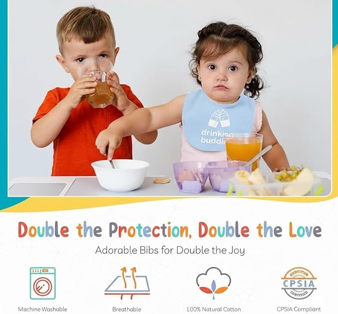 100% Cotton Drinking Buddies Twin Bibs Cute & Practical Unisex Bibs - Image 5