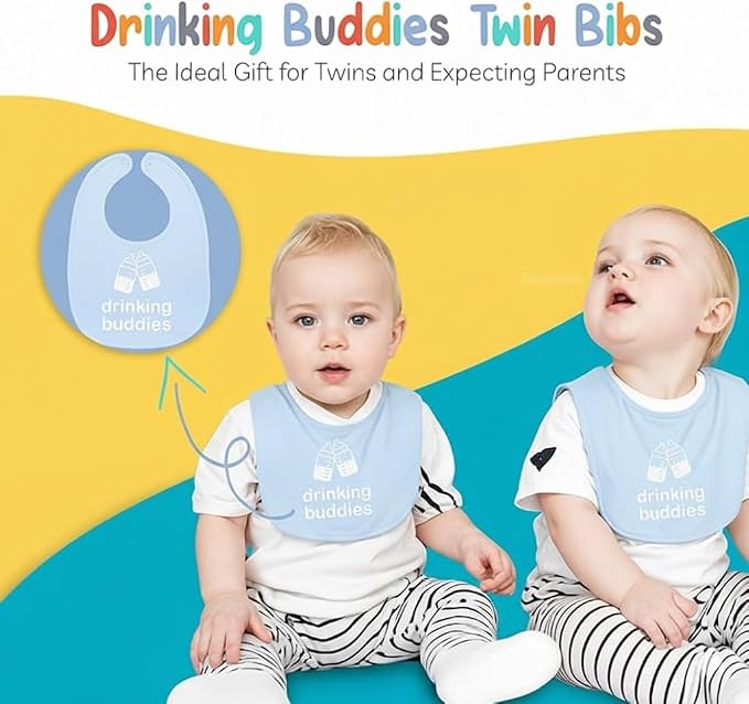 100% Cotton Drinking Buddies Twin Bibs Cute & Practical Unisex Bibs - Image 2