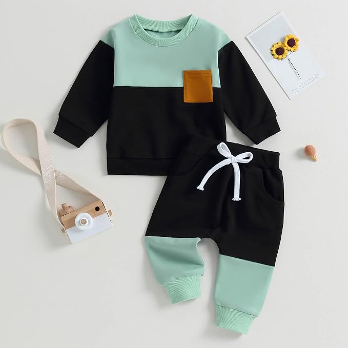 Toddler Baby Boy Fall Clothes Waffle Contrast Color Sweatshirt Pants Sets - Image 2