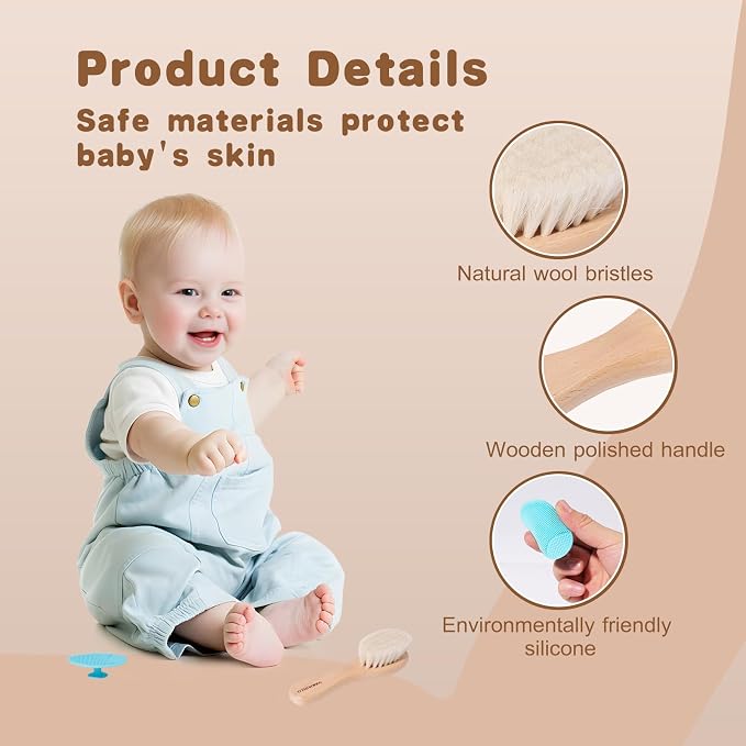 Baby Hair Brush and Cradle Cap Brush Set Goat Hair Bristles Brush 2 Pieces - Image 5