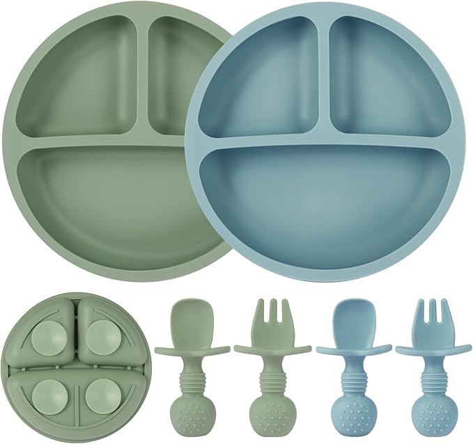 2 Pack Baby Plates with Suction, 2 Pack Silicone Forks and Spoons Set, Baby Led by Eascrozn