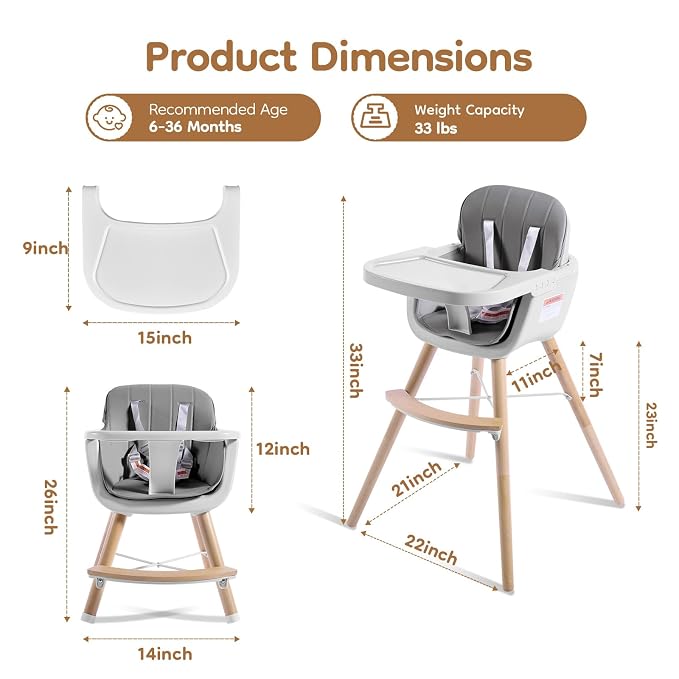 High Chairs for Babies and Toddlers, 3 in 1 Convertible Wooden highchair - Image 3