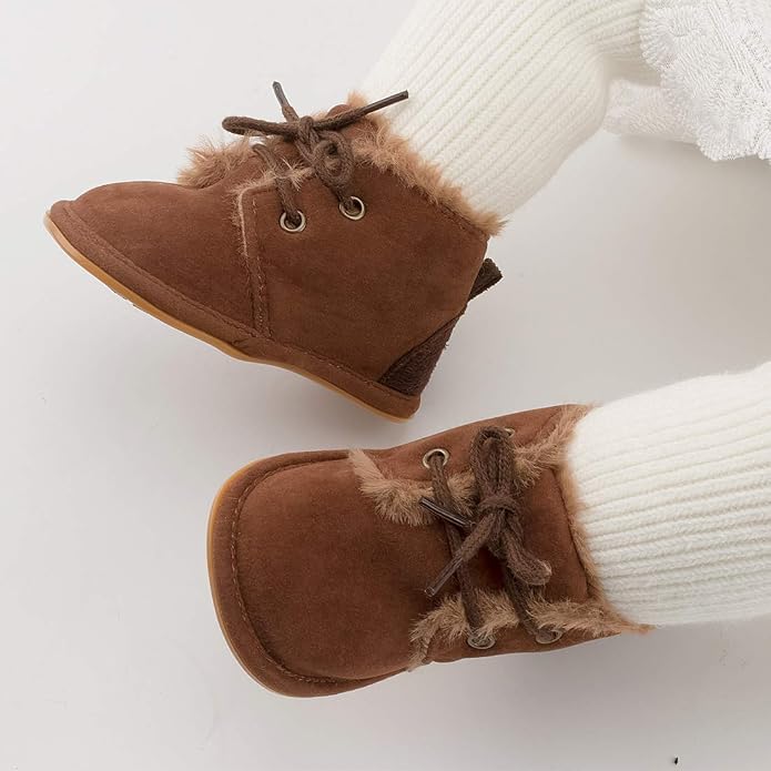 Baby Unisex Warm Snow Boots Newborn Leather Fur Lace Up Ankle Anti-Slip Rubber - Image 5