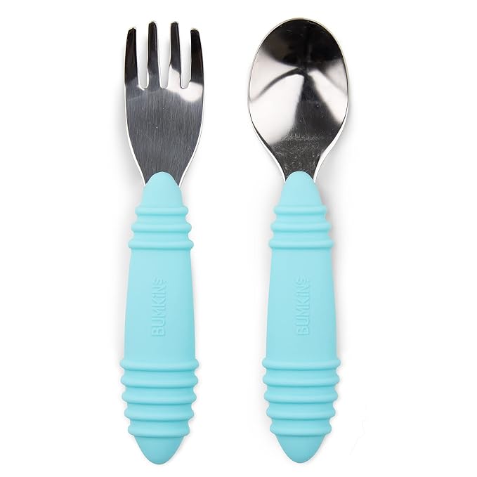 Bumkins Toddler Utensils, Kids Size Fork and Spoon Set, Silicone and by Bumkins