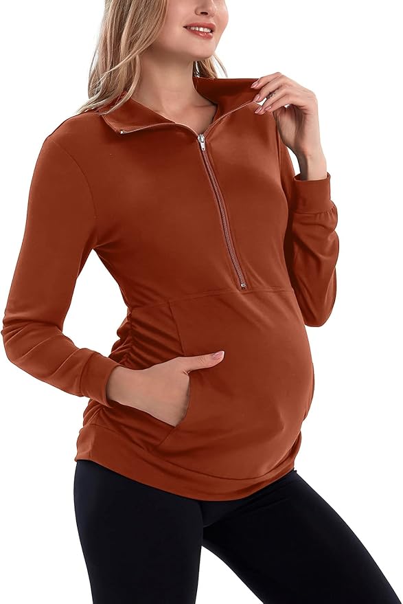 GINKANA Maternity Women's Long Sleeve Shirt Half Zipper Lapel Lightweight by GINKANA