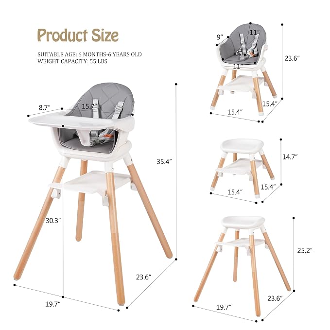 6 in 1 Baby High Chair, Convertible Wooden High Chairs/Booster Seat - Image 6