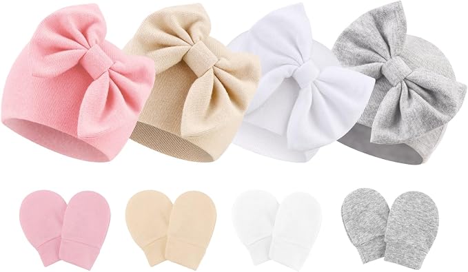 BQUBO Newborn Baby Hats Mittens Set Hospital Hat Beanie Infant Bow Hats Baby by DRESHOW