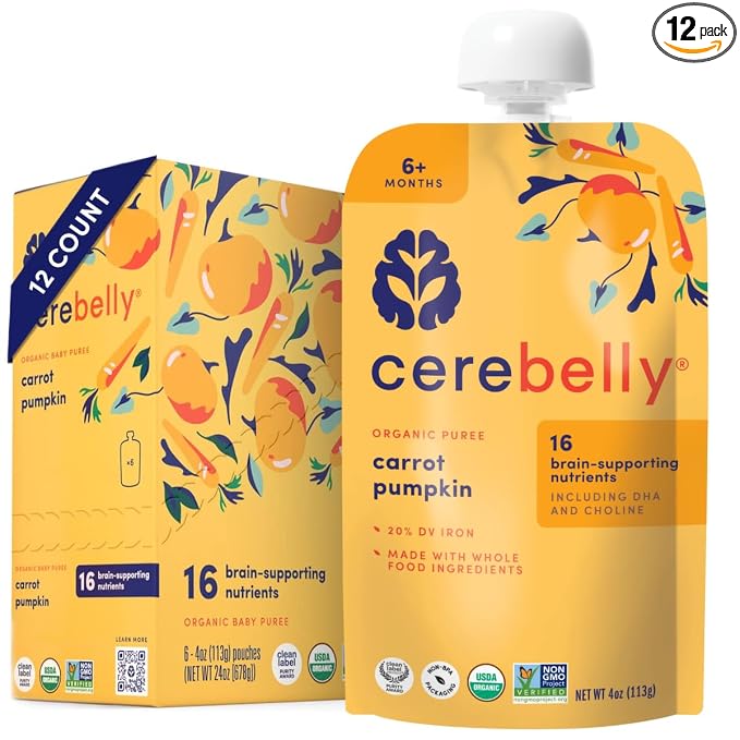 Cerebelly Organic Baby Food Pouches, Carrot Pumpkin Purees, 16 Nutrients by Cerebelly