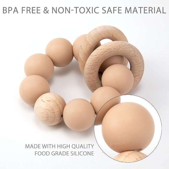 Silicone Baby Teether, Food Grade Silicone & Beech Baby Teething Toy, BPA Free - Image 5