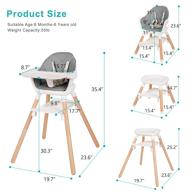 High Chair, 6 in 1 Wooden Convertible High Chairs - Image 7