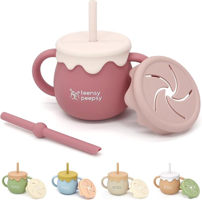 Honey Jar Pot 3-in-1 Silicone Training Cup 8.5oz, Baby Sippy Cup by teensypeepsy