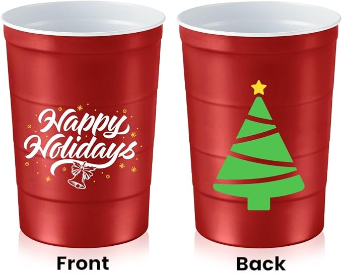 16 oz. Party Cups 'Happy Holidays' Christmas Tree Design - Image 2