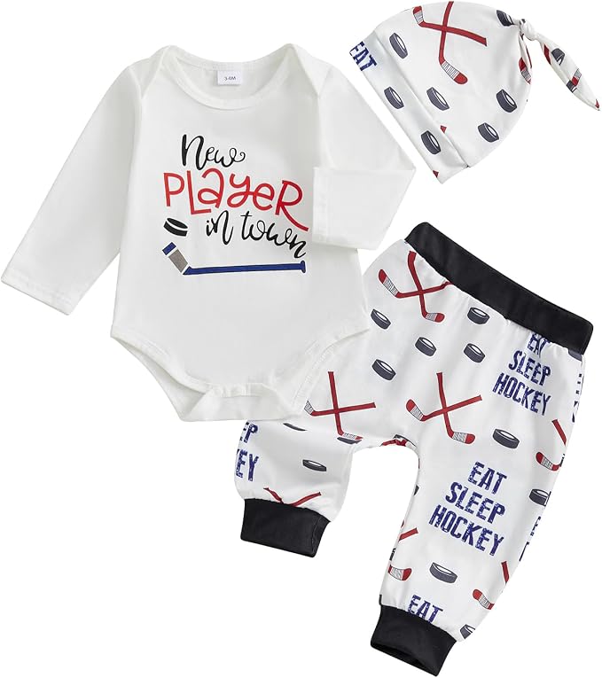 Baby Boy Hockey Outfit New Player in Town Long Sleeve Romper Long Pants Hat Set by Doqcey
