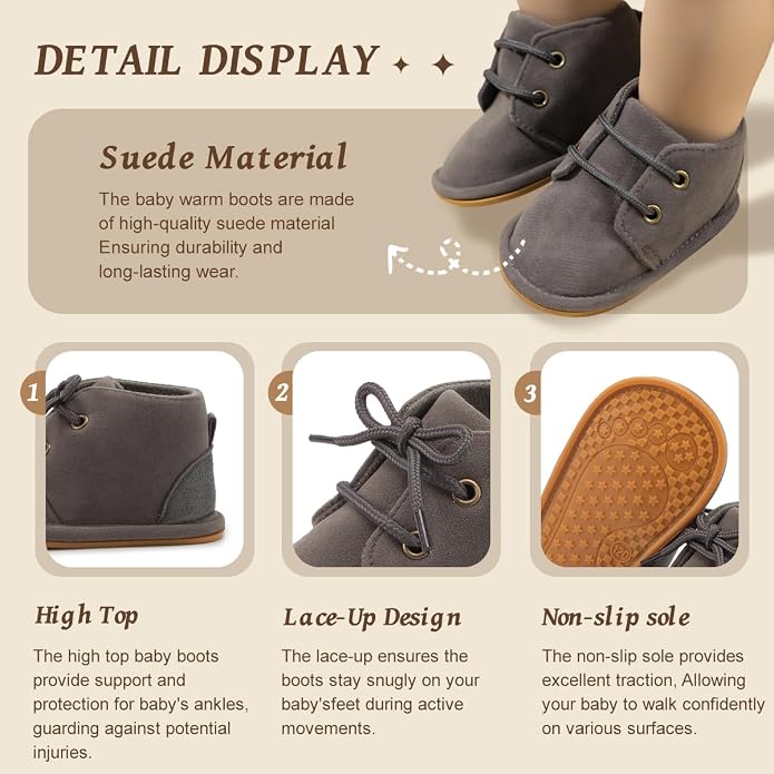 Baby Unisex Warm Snow Boots Newborn Leather Fur Lace Up Ankle Anti-Slip Rubber - Image 2