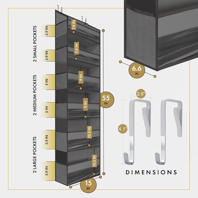 HOMELUX THEORY 2PC Heavy Duty Over the Door Organizer 55x14x6.7, 6 Large Front - Image 2