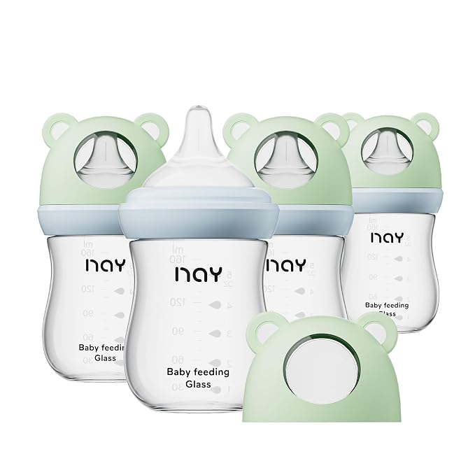 Natural Glass Baby Bottle for Breastfeeding Babies, 5.4oz Anti-Colic Baby Bottle by yanyoyo