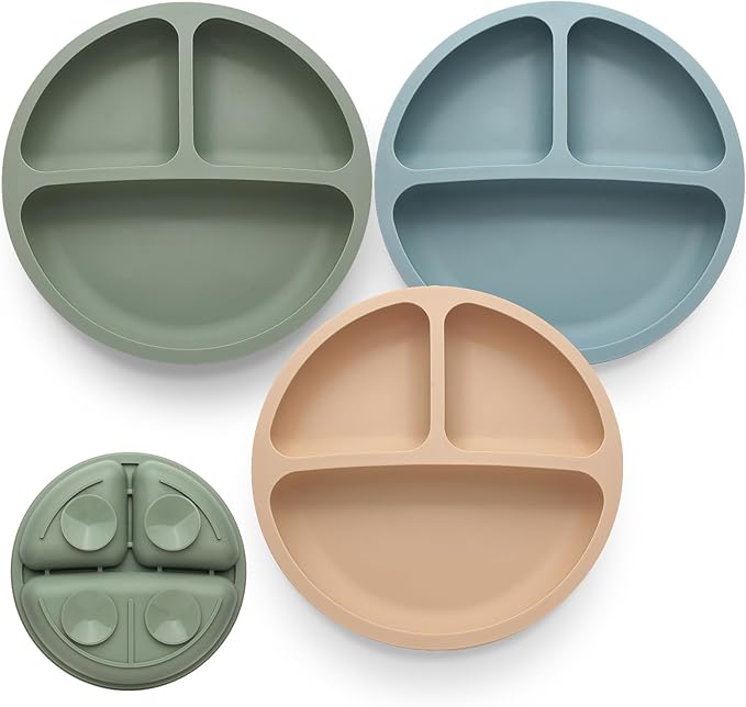 Toddler Plates 3 Pack, Divided Suction Plates by Eascrozn