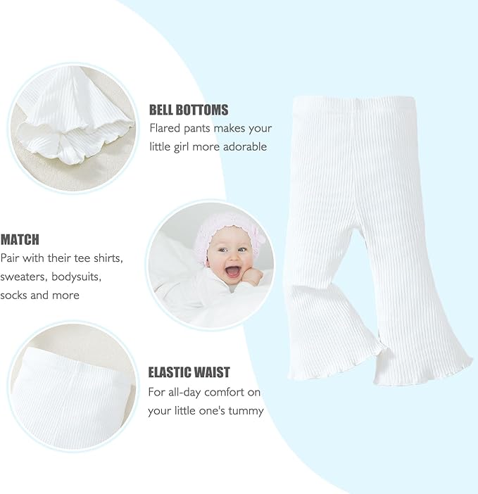 SOBOWO Baby Girl Flare Pants 3 Pack Toddler Solid Ribbed Ruffle Bell Bottoms - Image 4