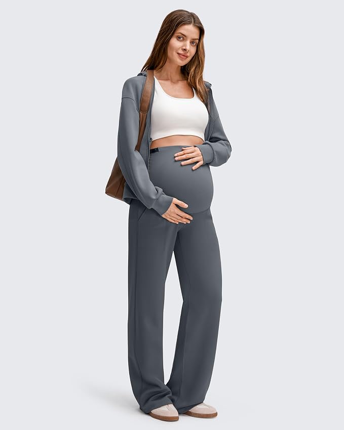 G4Free EverGoing Fleece Lined Maternity Wide Leg Pants Over The Belly Pregnancy - Image 7