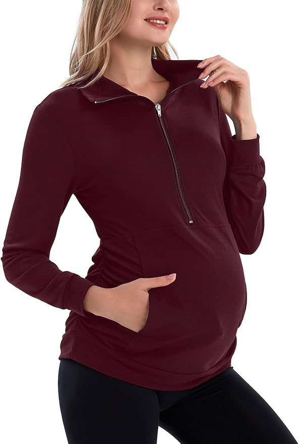 GINKANA Maternity Women's Long Sleeve Shirt Half Zipper Lapel Lightweight by GINKANA