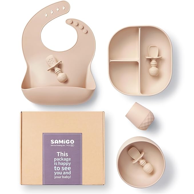 SAMiGO Silicone Baby Feeding Set, Suction Plate Bowl Set, Self Feeding Spoons by SAMiGO