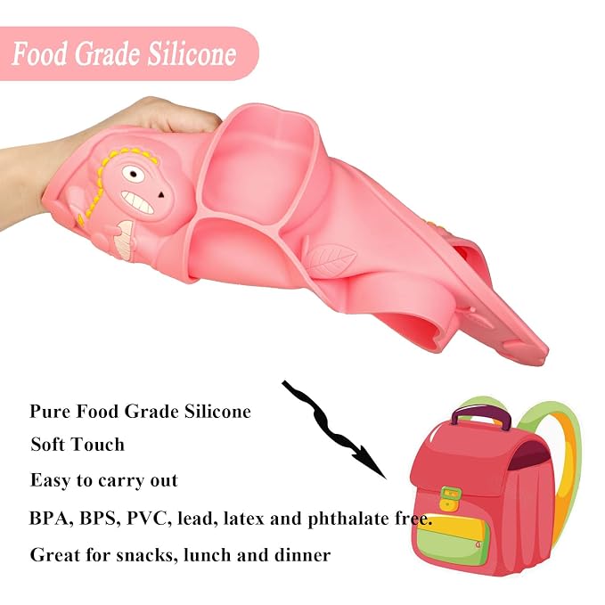 3Pcs Toddler Silicone Dinosaur Placemat Spoon and Fork Set, Divided Plate Dish - Image 5