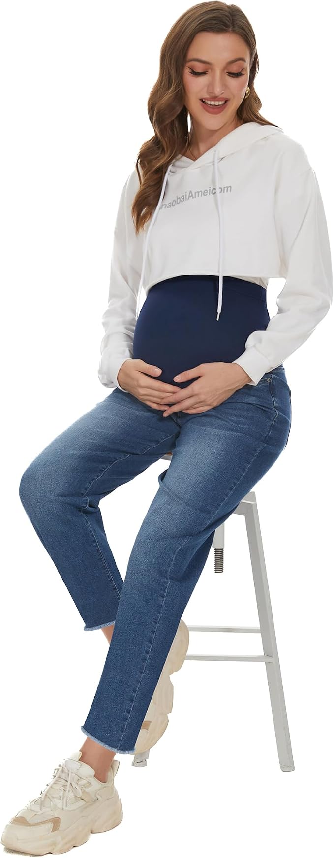 POSHGLAM Women's Maternity Jeans Over Belly Comfy Stretch 28'' Boyfriend Jeans - Image 4