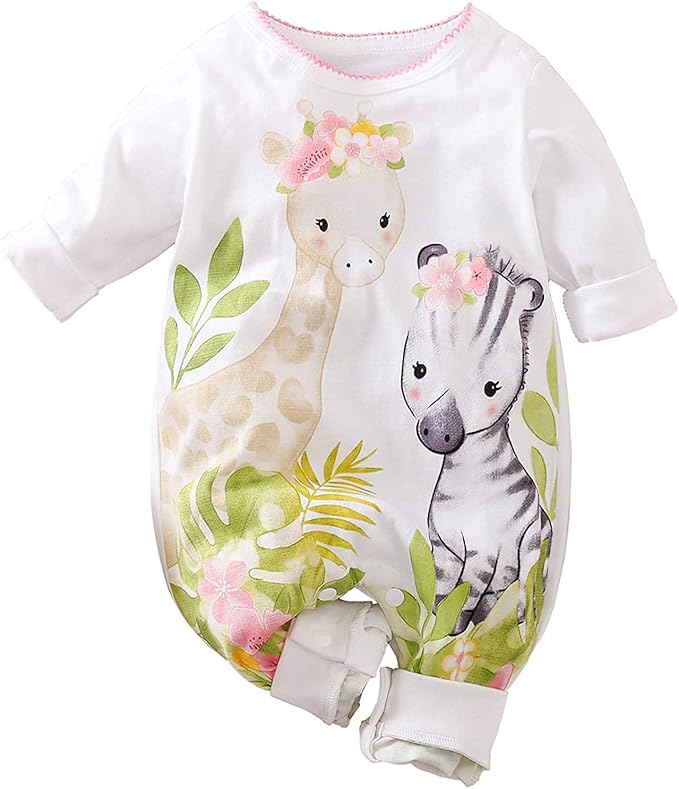 Cute Giraffe + Zebra With Floral Print Long Sleeve Baby Girl Clothes White by AOSWEP