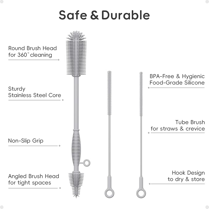 Baby Bottle Brush and Straw Cleaner Brush Set, Extra Long Double-Ended Soft - Image 2