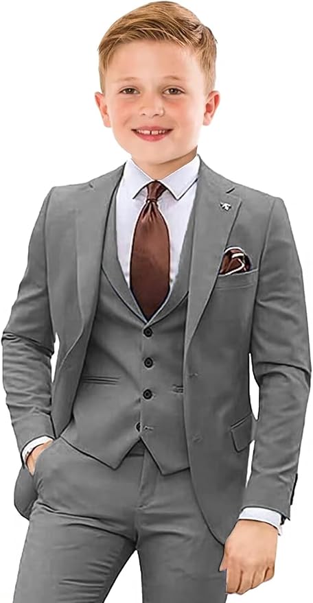 Boys Suit 4 Piece Slim Fit Kids Tuxedo Suit Formal Wedding Outfit Blazer Vest by Tesscy