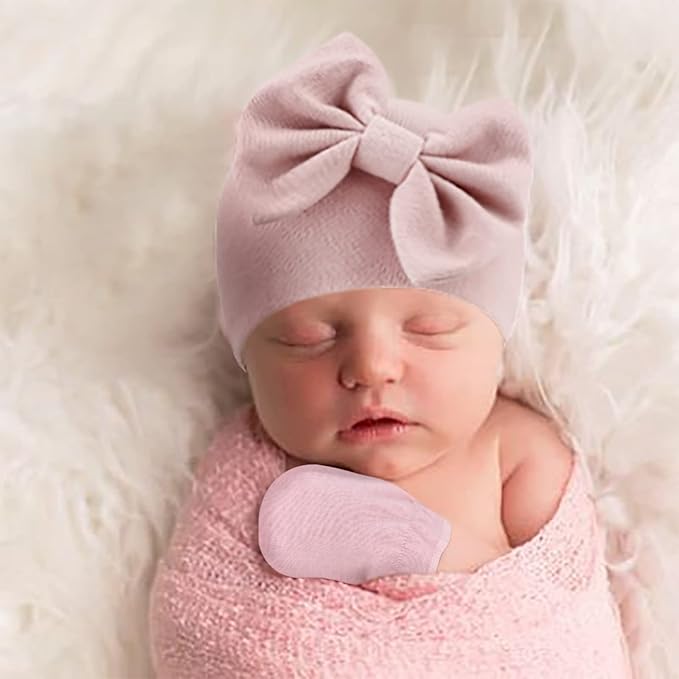 BQUBO Newborn Baby Girls Hats Mittens Set Hospital Hat Beanie Infant Bow Hats - Image 3