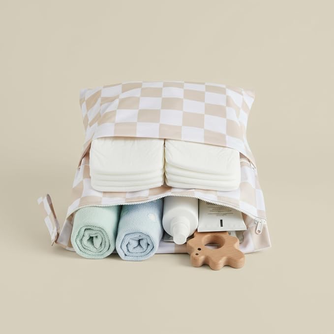 Beige Khaki Checkered Waterproof Wet Dy Diaper Bag - Image 2