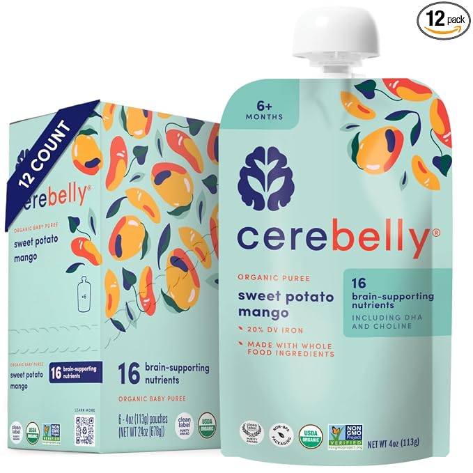 Cerebelly Organic Baby Food Pouches, Sweet Potato Mango Purees, 16 Nutrients by Cerebelly