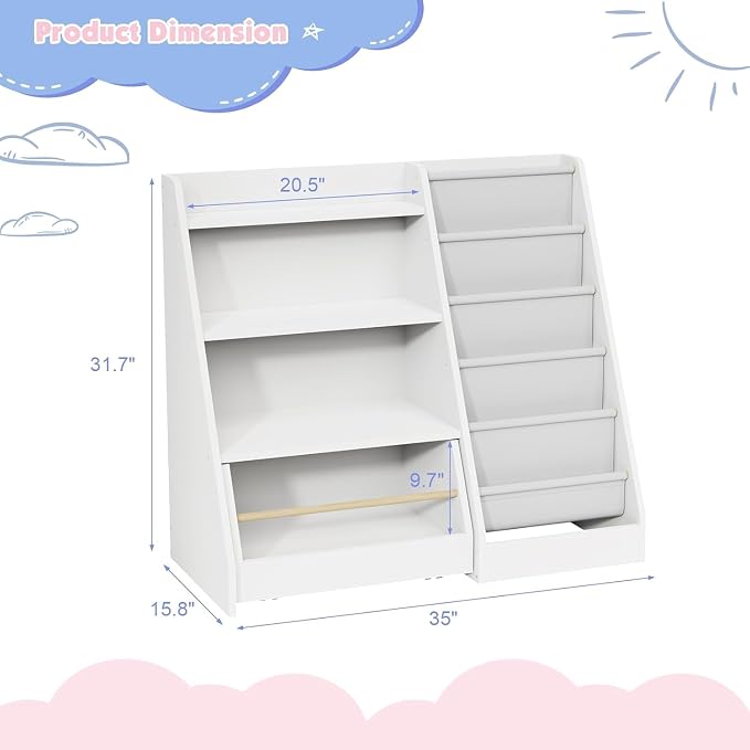Kids Bookshelf with Toy Storage Organizer Movable Drawer, Toddler Bookcase 5 - Image 3