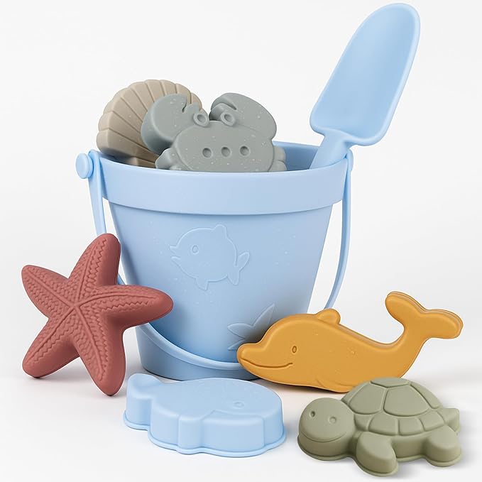 Baby Beach Toys for Toddlers 1-3, Collapsible Silicone Beach Bucket Shovel Set by ROHSCE