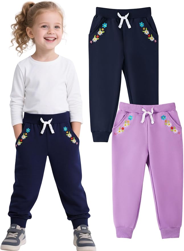 HILEELANG Girls Cotton Joggers Sweatpants Embroidery Drawstring Waist Pockets - Image 2