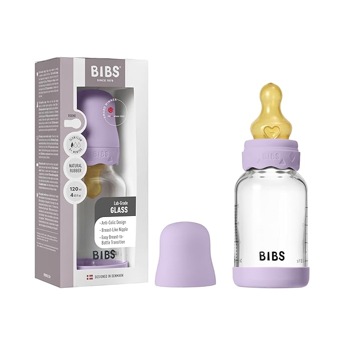 BIBS Boheme Baby Glass Bottle 4 oz /120 ml. Anti-Colic. Round Natural Rubber by BIBS