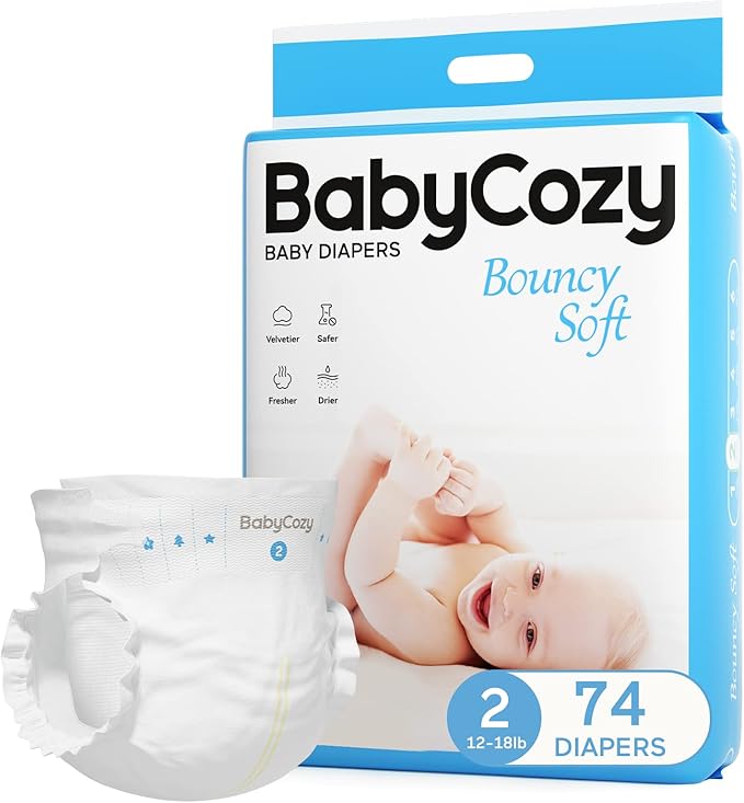 Newborn Baby Diapers Size 2 74 Count Babycozy Bouncy Soft Diapers Hypoallergenic by BabyCozy