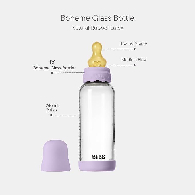 BIBS Boheme Baby Glass Bottle 8 oz /240 ml. Anti-Colic. Round Natural Rubber - Image 2