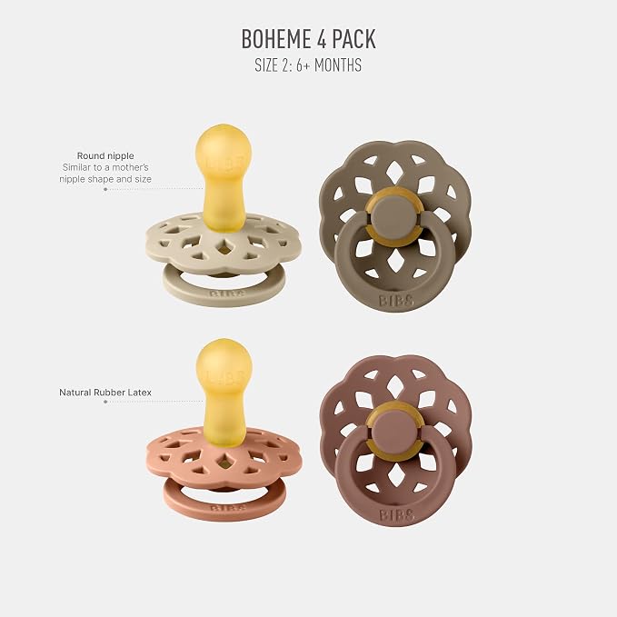 BIBS Boheme Soother 4-Pack | BPA Free Dummy Pacifier | Round Nipple | Natural - Image 2