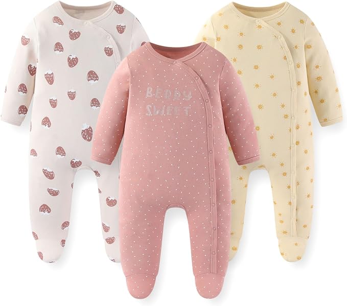 Unisex Baby Boy Girl Footies Rompers Cotton Long Sleeve 3 Pack Infant Jumpsuits by JELYLOVE