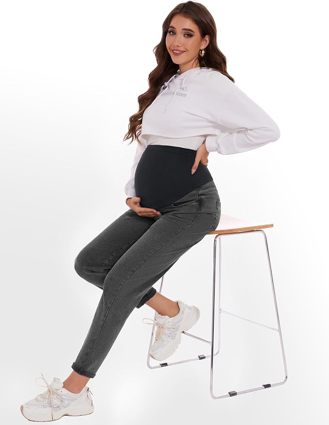 POSHGLAM Women's Maternity Jeans Over Belly Comfy Stretch 28'' Boyfriend Jeans - Image 4