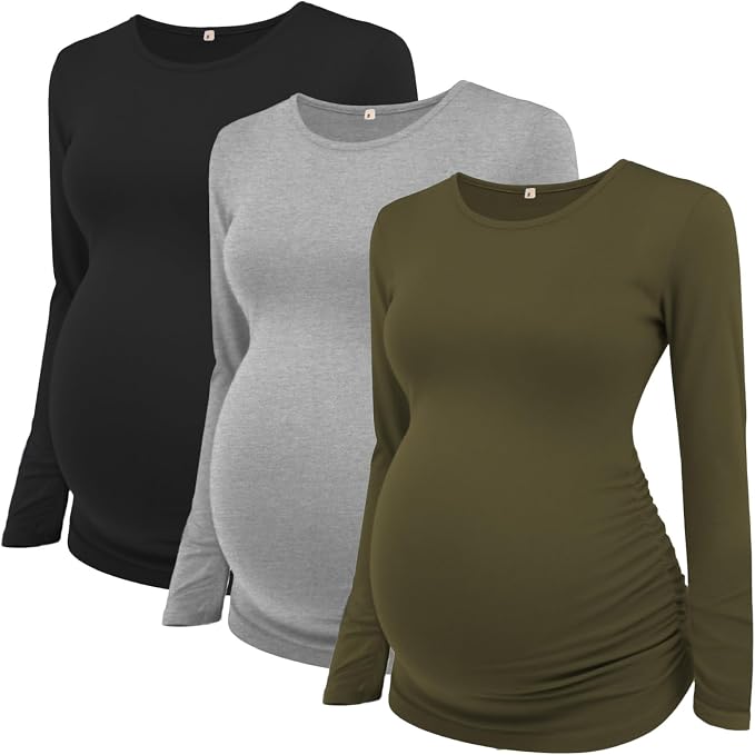 Ecavus Women's Maternity Shirts Long Sleeve Soft Stretchy Pregnancy Tops Side by Ecavus