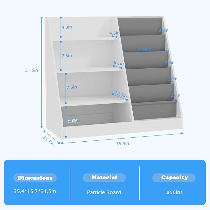 4 Tier Kids Wooden Bookshelf, 5 Layer Sling Toddler Bookcase, Baby Storage Book - Image 3