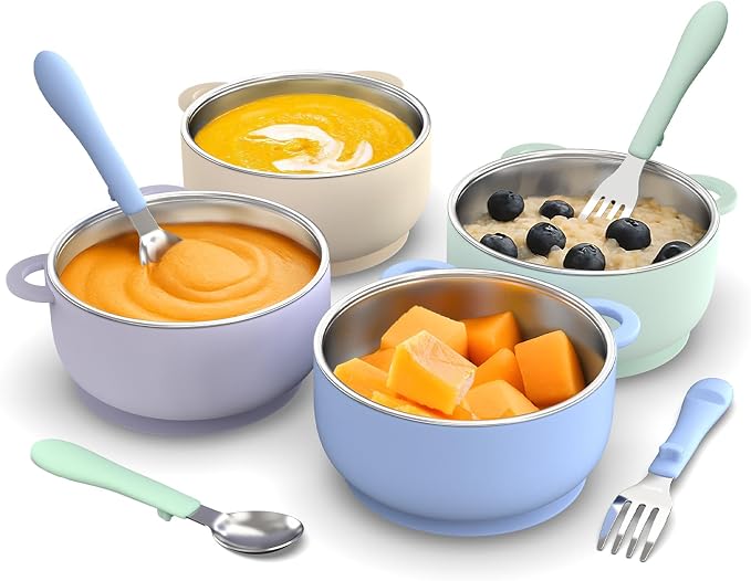Baby Suction Bowls 4-Pack, 2-in-1 Stainless Steel 304 Toddler Bowl & Removable by Bakpoco