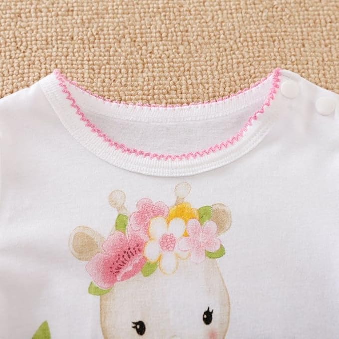 Cute Giraffe + Zebra With Floral Print Long Sleeve Baby Girl Clothes White - Image 4