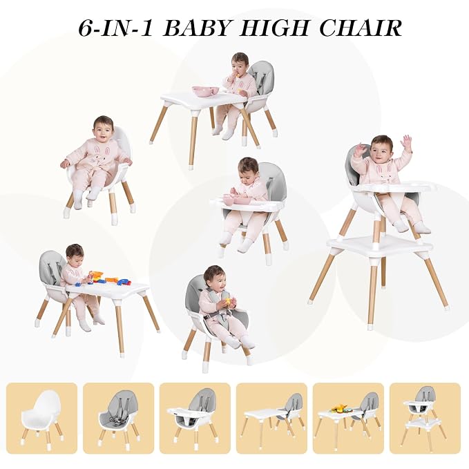 6 in 1 High Chair for Babies & Toddlers, Convertible Wooden Baby Highchair - Image 2