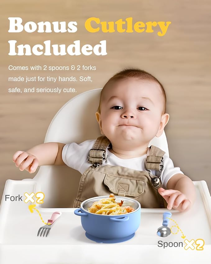 Toddler Bowls with suction & Utensils Set, 2-in-1 Stainless Steel 304 Kids - Image 4